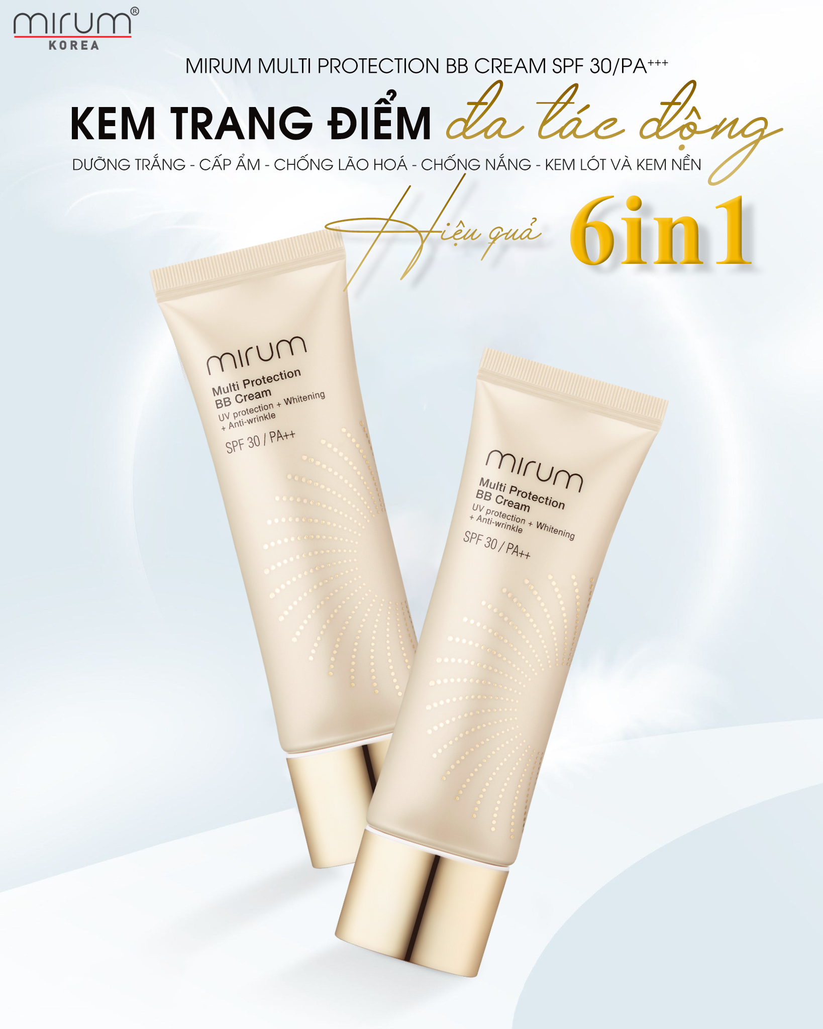 Kem BB 6in1 Mirum làm trắng da, chống lão hoá, dưỡng ẩm, chống tia UV, Lót và nền 