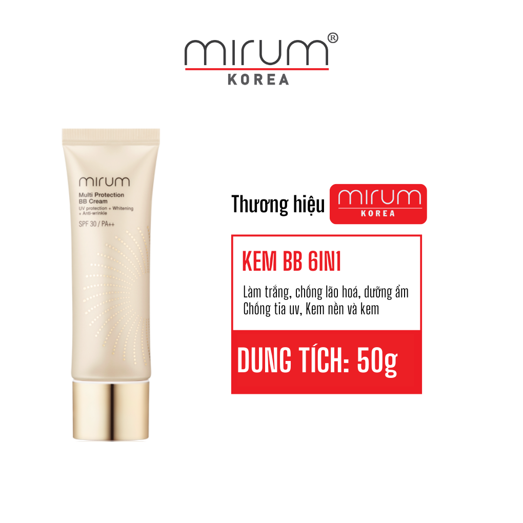 Kem BB 6in1 Mirum làm trắng da, chống lão hoá, dưỡng ẩm, chống tia UV, Lót và nền Mirum Multi Protection BB cream SPF30/PA++ 